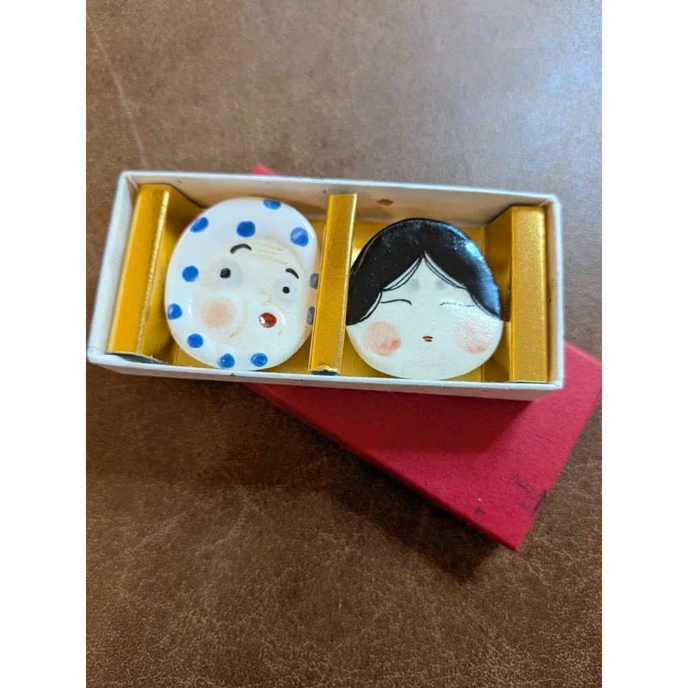 Vintage Hyottoko & Okame Josui Hashioki Japanese Ceramic Chopstick Rests Set